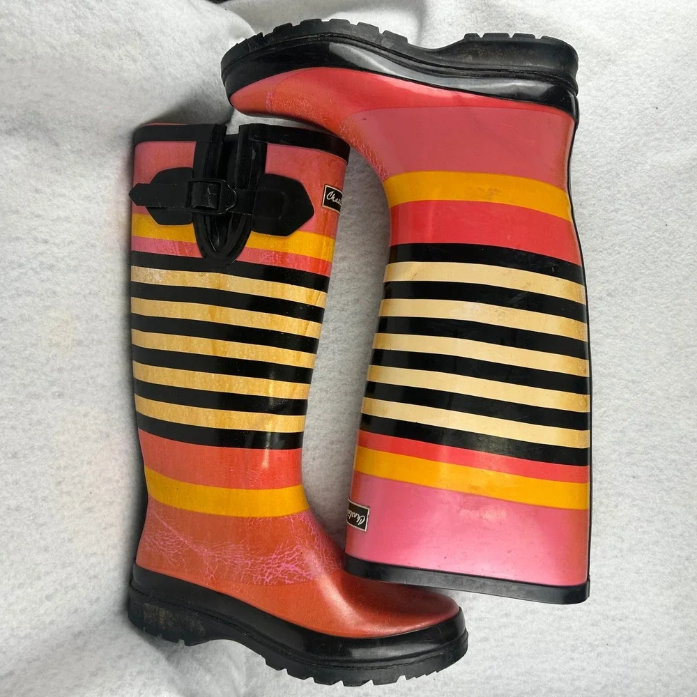 Charlie Paige Rain Boots Womens 7 Pink Orange Striped Tall Rubber Waterproof